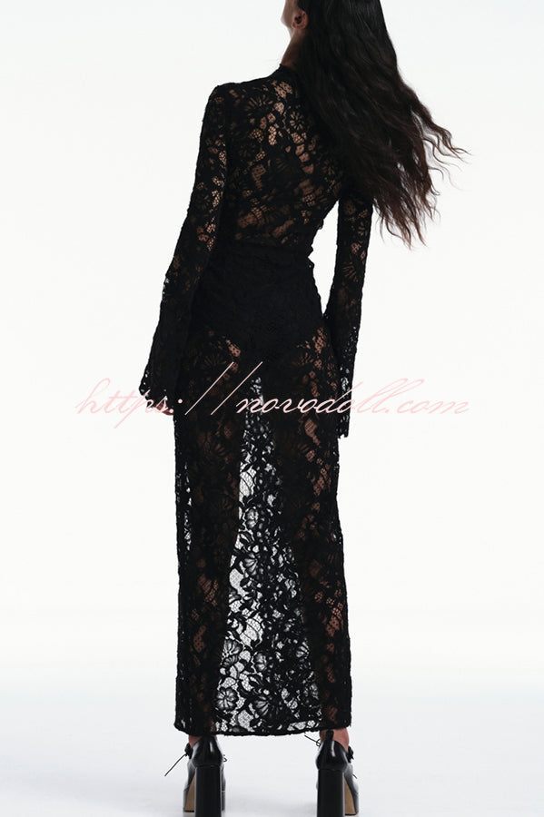 Garcelle Floral Lace Lace-up Long Bell Sleeve Slit Midi Dress