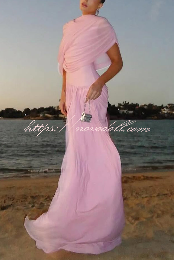 Elegant Mesh Cape-style Pleated Draped Maxi Dress
