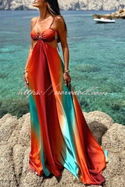 Neon Sunset Printed Metal Decoration Cutout Back Tie-up Vacation Maxi Dress