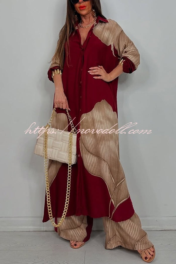 Unique Printed Casual Loose Long Shirt and Elastic Waist Pocket Wide Leg Pants Set