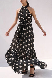 Charming Idea Polka Dots Belted Halter A-line Maxi Dress