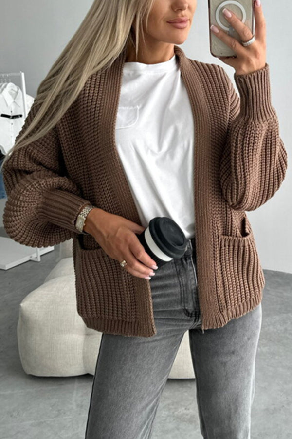 Solid Color V-neck Long-sleeved Casual Knitted Cardigan