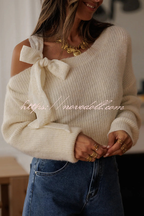 Solid Color Bow Tie Long-sleeved Casual Knit Sweater