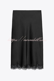 Dolly Satin Lace Trim Mid Rise Slit Drape Midi Skirt