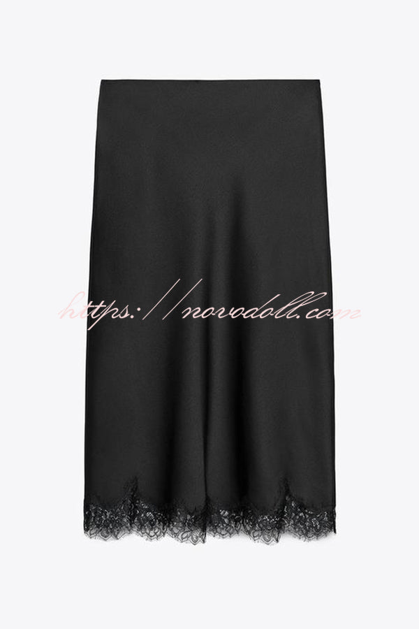 Dolly Satin Lace Trim Mid Rise Slit Drape Midi Skirt