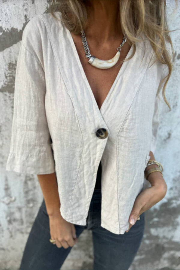 Linen Blend Solid Color Loose V-neck Button-down Casual Top