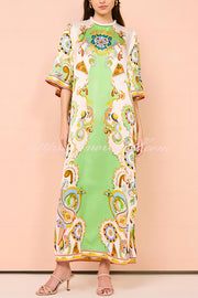 Southern Italy Satin Unique Print Bell Sleeve Loose Slit Midi Dress