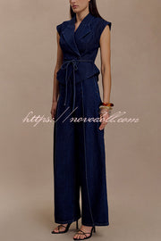 Charley Denim Button Up Cap Short Sleeve Structured Tie-up Lapel Top