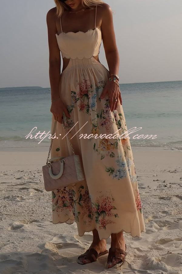 Cabo Sunsets Floral Print Petal Trim Back Lace-up Midi Dress