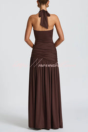 Solid Color Halter Neck Backless Slim Fit Pleated Slit Maxi Dress