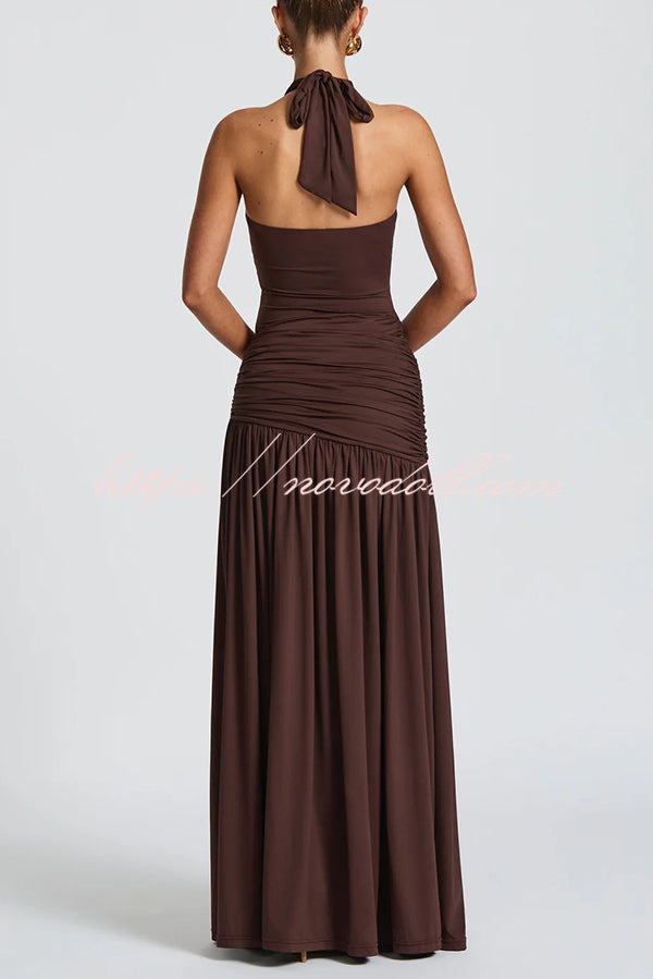 Solid Color Halter Neck Backless Slim Fit Pleated Slit Maxi Dress