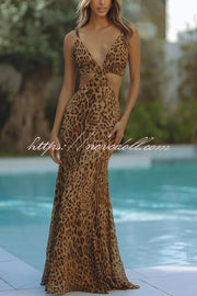 Elegant Wildness Leopard Print Elasticated Cutouts Slip Maxi Dress