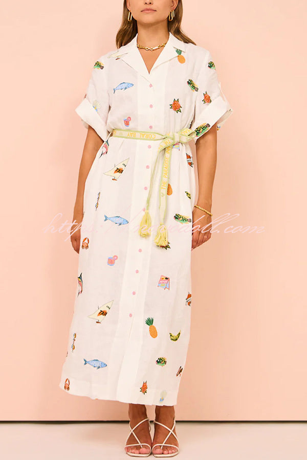 Loretta Cotton Blend Unique Print Fringed Belt Pocketed Shirt Midi Dress