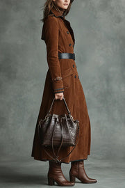 Stylish Suede Lapel Button Casual Pocket Long Trench Coat
