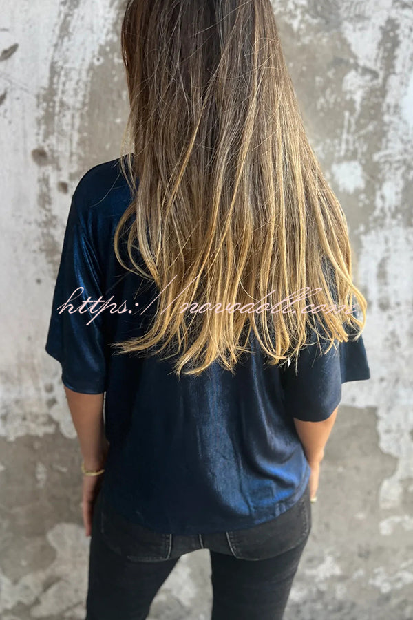 Metallic Solid Color Round Neck Short-sleeved Loose T-shirt