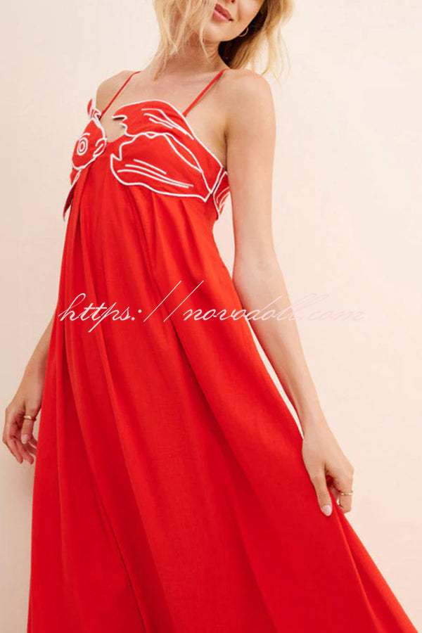 Red Fish Embroidered Sling Backless Maxi Dress