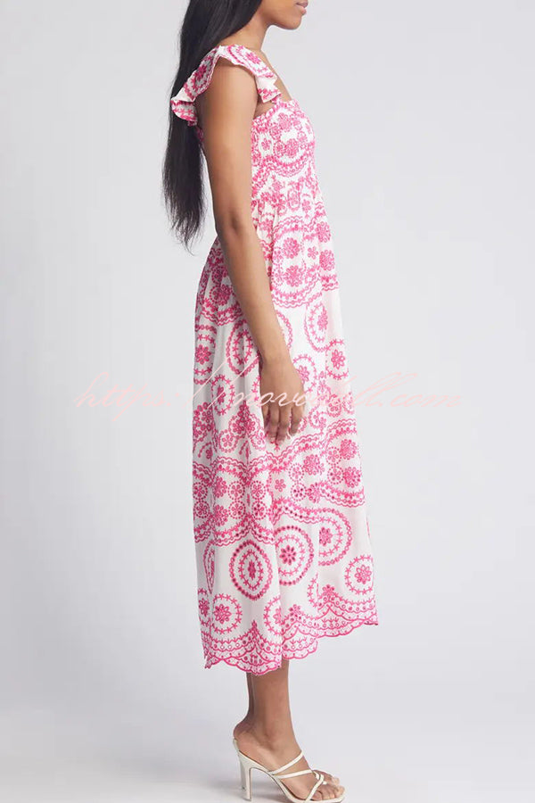 Darling & Dainty Embroidery Style Unique Print Smocked Midi Dress