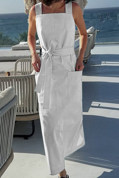 Solid Color Square Neck Open Back Pocket Casual Maxi Dress