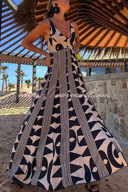 Sabine Geometric Print V-Neck Back Smocked A-line Maxi Dress