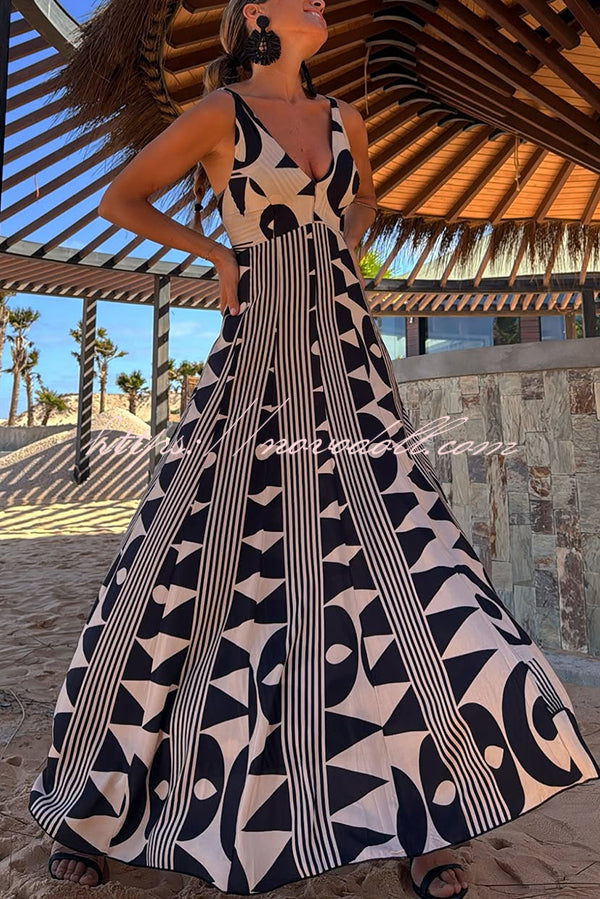 Sabine Geometric Print V-Neck Back Smocked A-line Maxi Dress