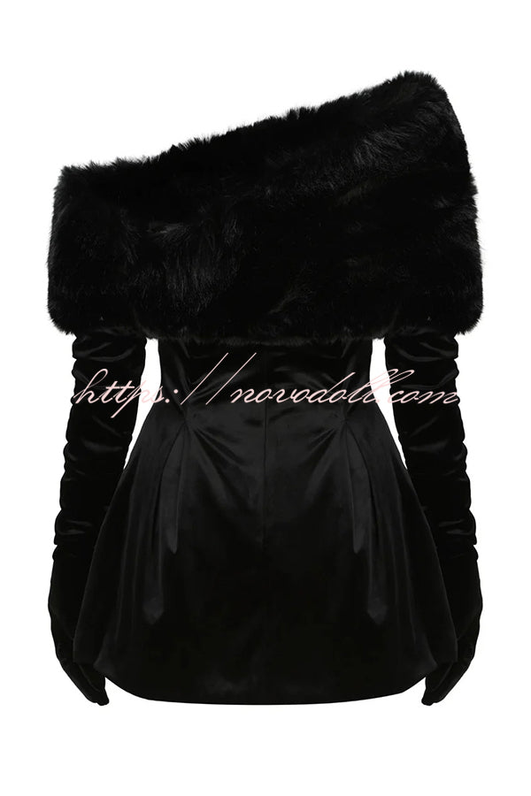 Stylish Velvet Off-shoulder Fitted Mini Dress and Fluffy Shawl, Velvet Gloves Three-piece Set