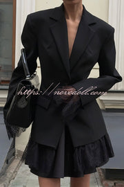 Solid Color Lace Panel Long Sleeve Button Elegant Blazer