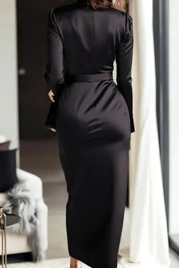 Solid Color Satin V-neck Long Sleeve Waist Tie Slim Midi Dress