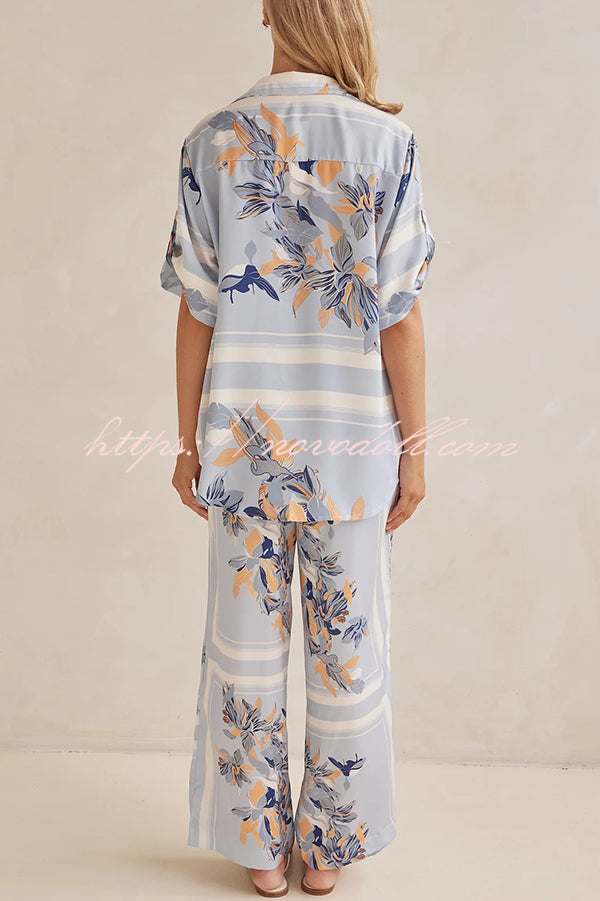 Fashionable Plant Print Loose Lapel Short Sleeve Shirt and Casual Elastic Waist Pocket Pants Set