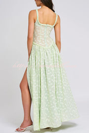 Garden Elf Lace Jacquard Textured Square Neck High Slit Maxi Dress