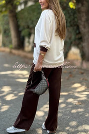 Stylish Color-blocked V-neck Knitted Button-down Cardigan and Elastic Waist Casual Wide-leg Pants Set