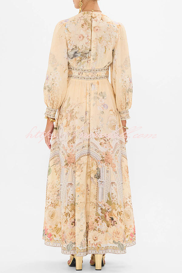 Fairy Tale Print V-Neck Lantern Sleeve Waist Maxi Dress