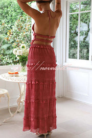 Feel Chic and Romantic Sequin Textured Material Back Elastic Halter Tie Tank and Drawstring Waist Tiered Maxi Skirt Set