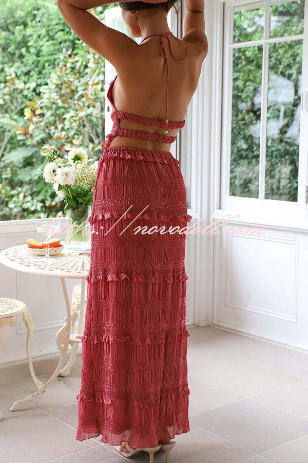 Feel Chic and Romantic Sequin Textured Material Back Elastic Halter Tie Tank and Drawstring Waist Tiered Maxi Skirt Set