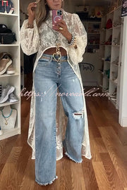 Fashion Denim Button Pocket Ripped Raw Edge Loose Jeans