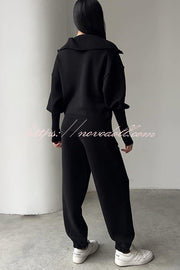 Solid Color Long-sleeved Zip-up Sweatshirt and Elastic Waist Loose Pocket Pants Set