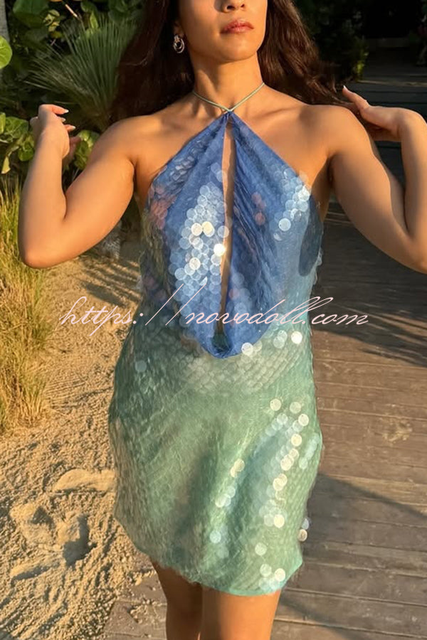 Fashion Sexy Sequined Backless Halter Neck Slim Fit Mini Dress