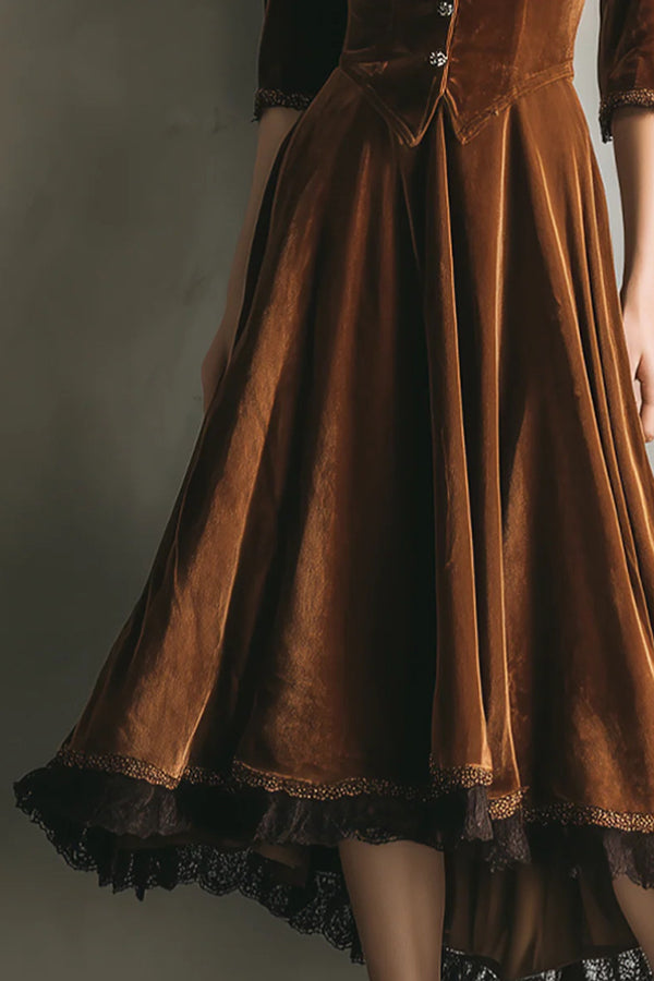 Fashionable Velvet and Lace Patchwork V-neck Button Midi Dress