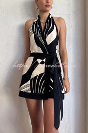 Unique Printed Open Back Waist Tie Holiday Mini Dress