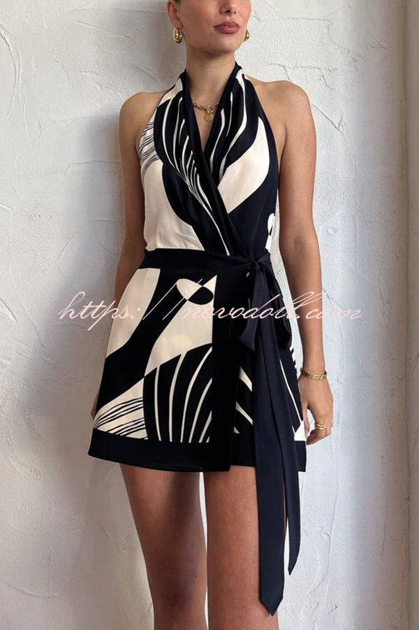 Unique Printed Open Back Waist Tie Holiday Mini Dress