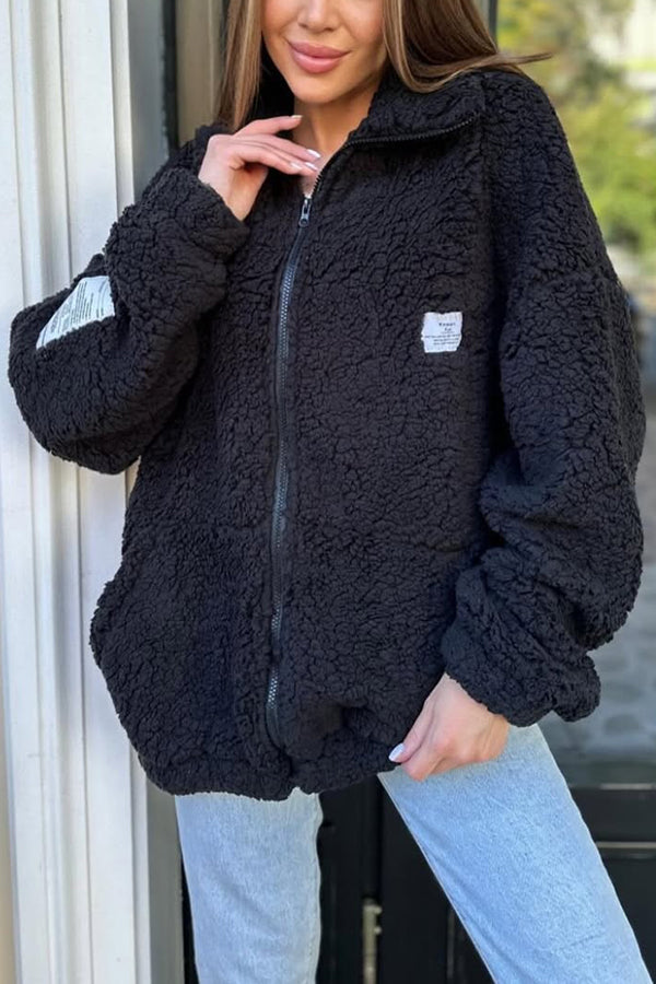 Solid Color Casual Long Sleeve Zipper Pocket Loose Jacket