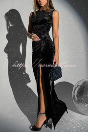 Solid Color Velvet Round Neck Sleeveless Slim Slit Maxi Dress