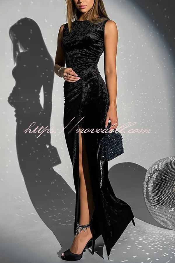 Solid Color Velvet Round Neck Sleeveless Slim Slit Maxi Dress