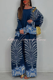 Unique Print Loose Drawstring Long Sleeve Top and Elastic Waist Casual Pocket Wide Leg Pants Set