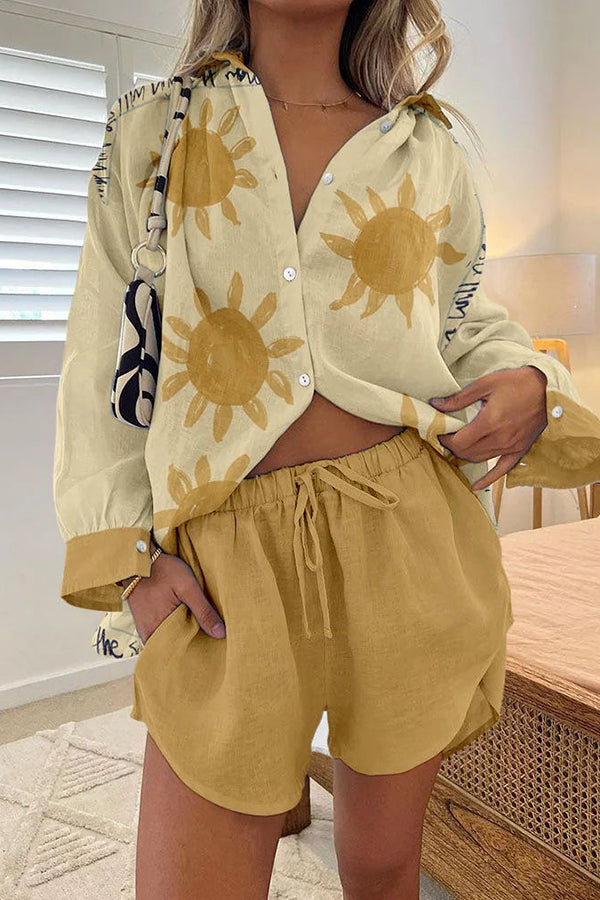 Simple Summer Sun Print Buttoned Lace Up Shorts Set