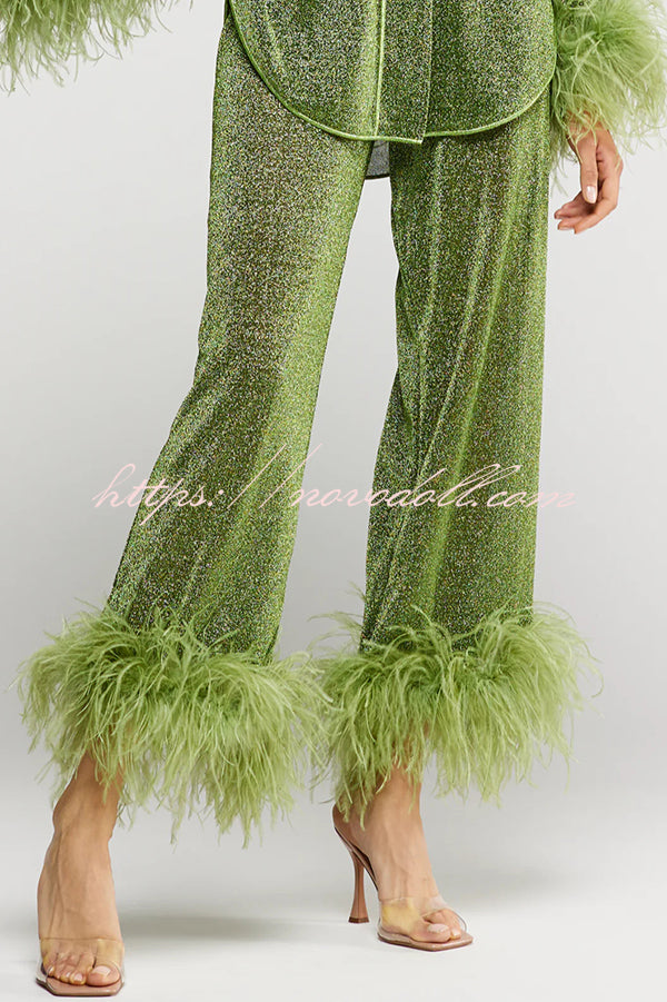 Glitter Fabric Feather Trim Long Sleeve Button Top and Elastic Waist Loose Straight Pants Set