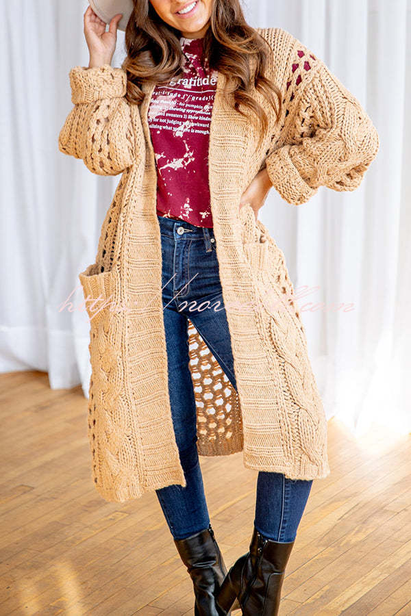 Jamila Knit Cable Cotout Long Sleeve Pocket Oversized Midi Cardigan