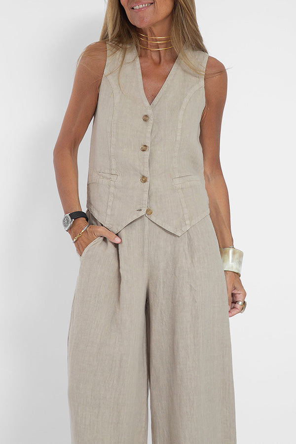 Eddie Linen Blend Button Vest and Elastic Waist Pocketed Wide Leg Pants Set