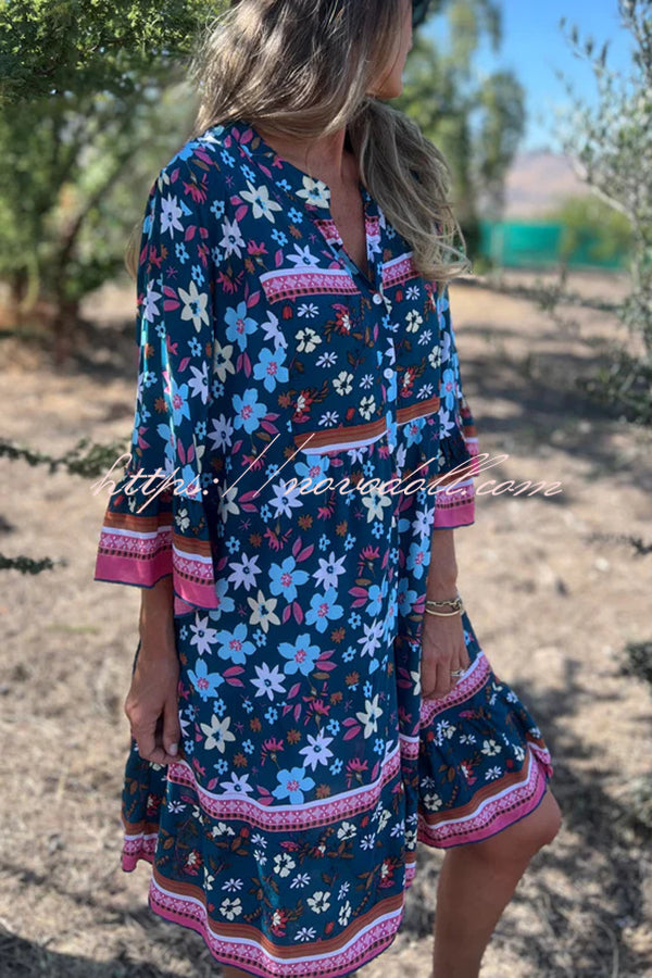 Ethnic Floral Print V-neck Loose Pocket Mini Dress