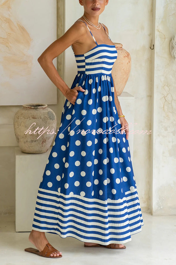 Striped Polka-dot Print Sling Pleated Open-back Maxi Dress