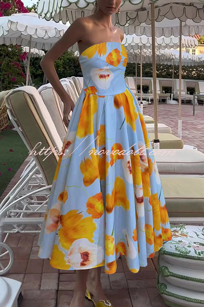 Floral Print Off Shoulder Backless Elegant Midi Dress